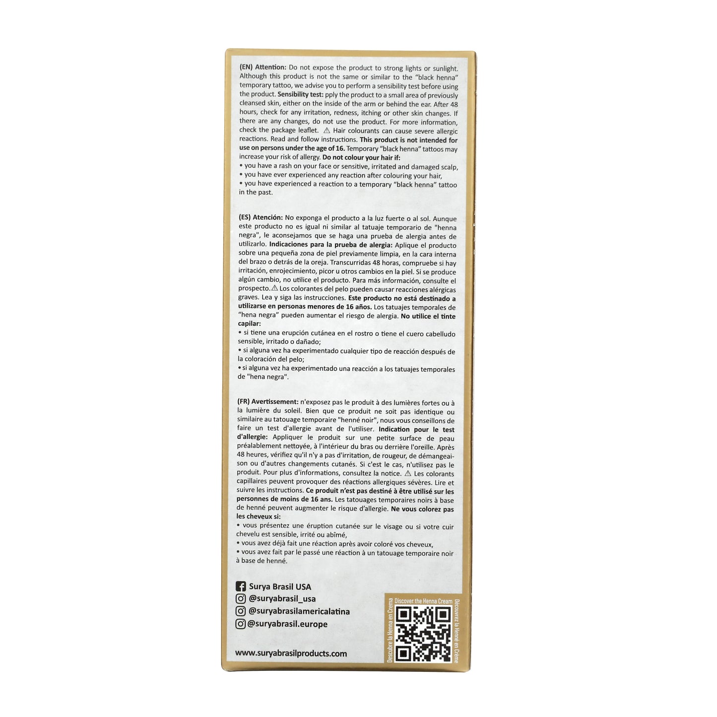 Surya Brasil Henna Cream Marsala package back with safety instructions in English, Spanish, French, QR code, and social media links for more product details.