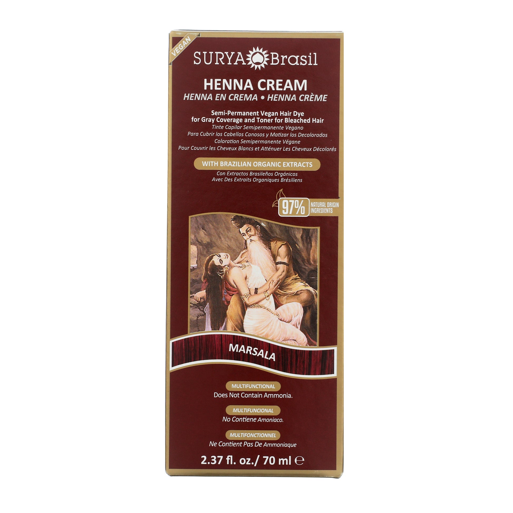 Surya Brasil Henna Cream Marsala front box, highlighting 2.37 fl oz semi-permanent vegan hair dye with organic Brazilian extracts, 97% natural ingredients, and no ammonia.