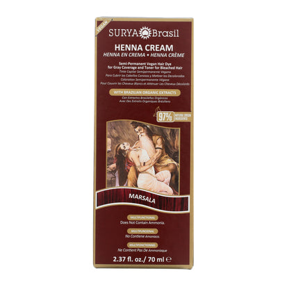 Surya Brasil Henna Cream Marsala front box, highlighting 2.37 fl oz semi-permanent vegan hair dye with organic Brazilian extracts, 97% natural ingredients, and no ammonia.