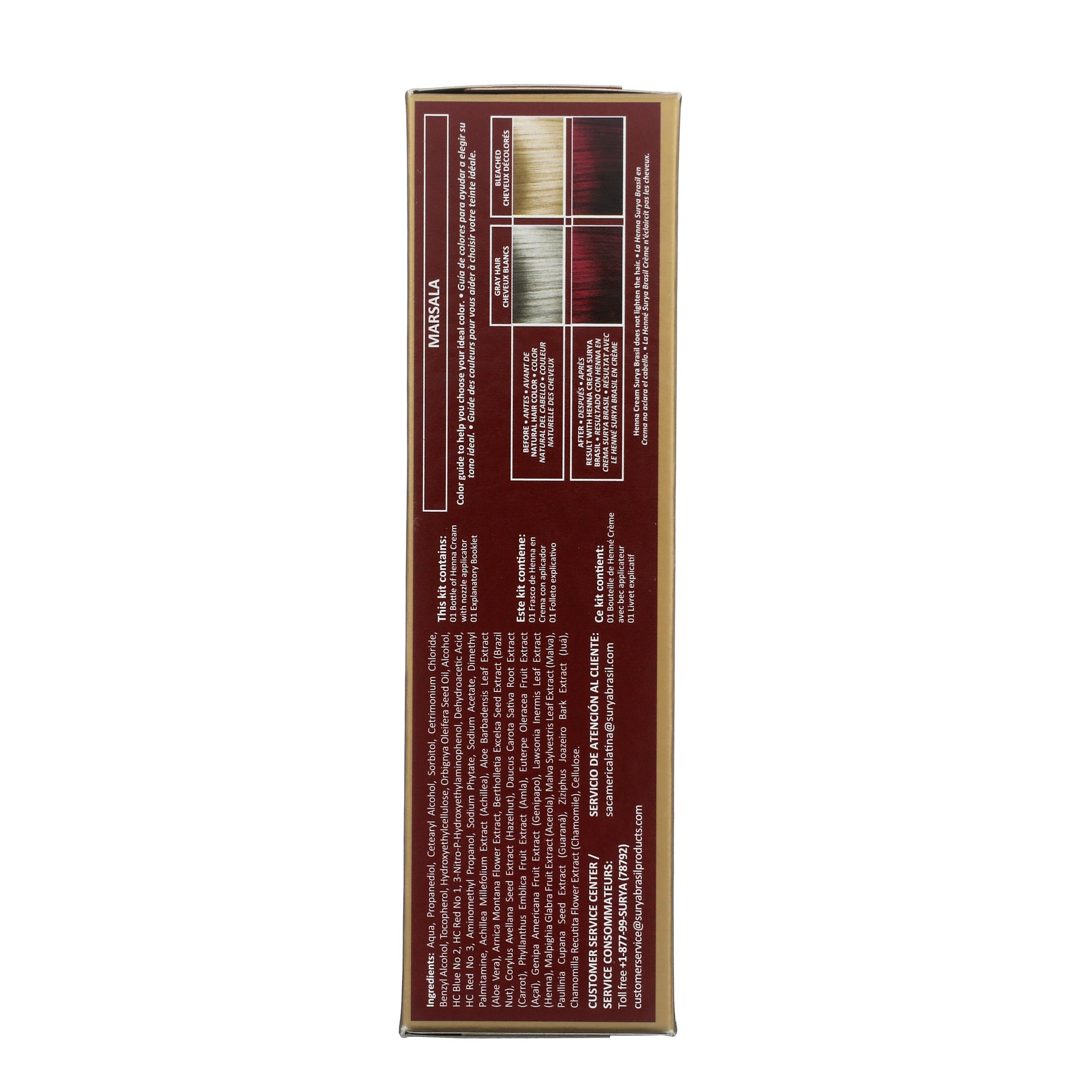 Back of Henna Cream Marsala box with color chart, ingredients, kit contents, and usage instructions, highlighting natural nourishment and eco-friendly, semi-permanent hair dye benefits.