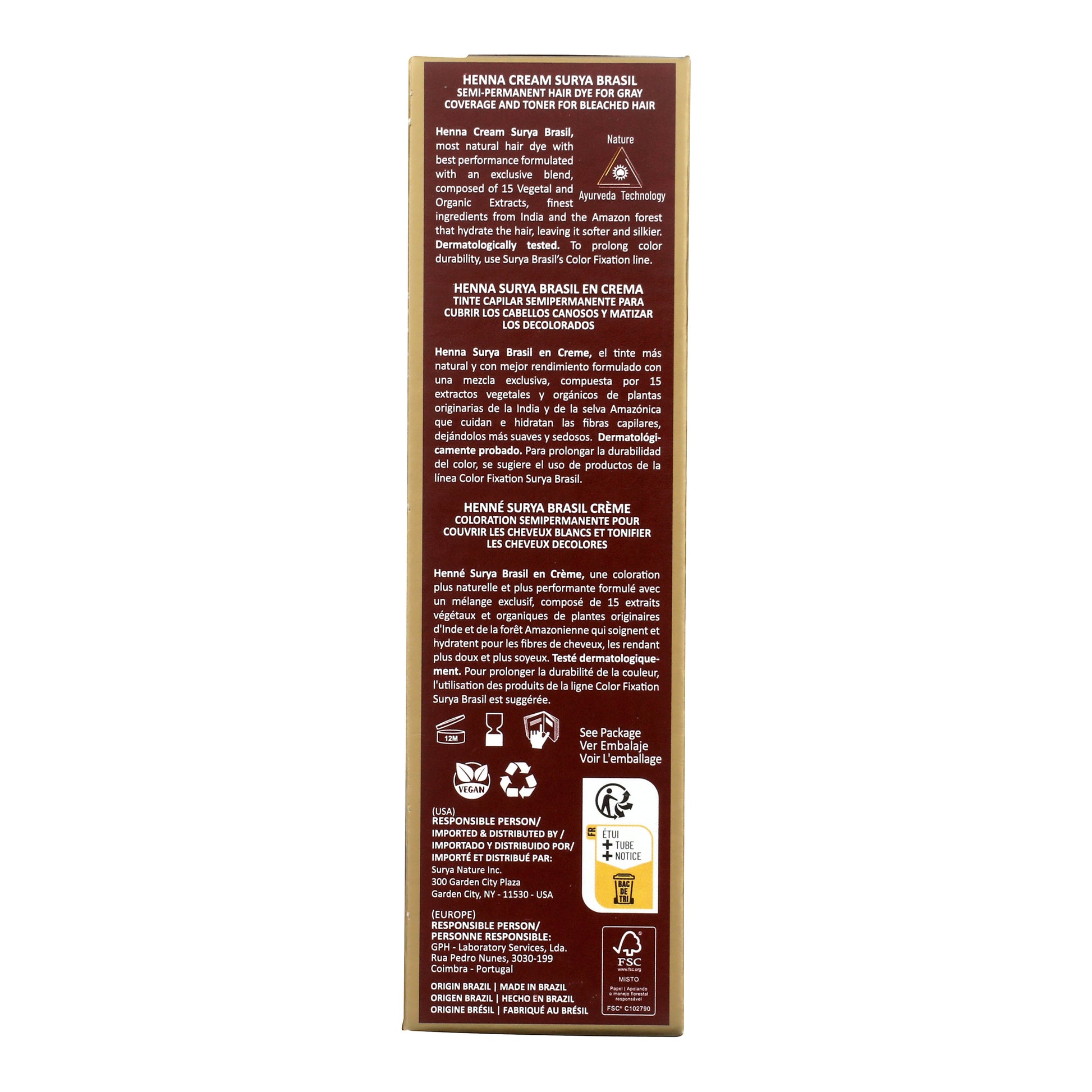 Back panel of Surya Brasil Henna Cream Marsala package showing icons for vegan, recyclable, dermatologically tested, with product details in English, Spanish, and French.
