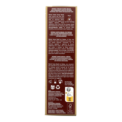 Back panel of Surya Brasil Henna Cream Marsala package showing icons for vegan, recyclable, dermatologically tested, with product details in English, Spanish, and French.
