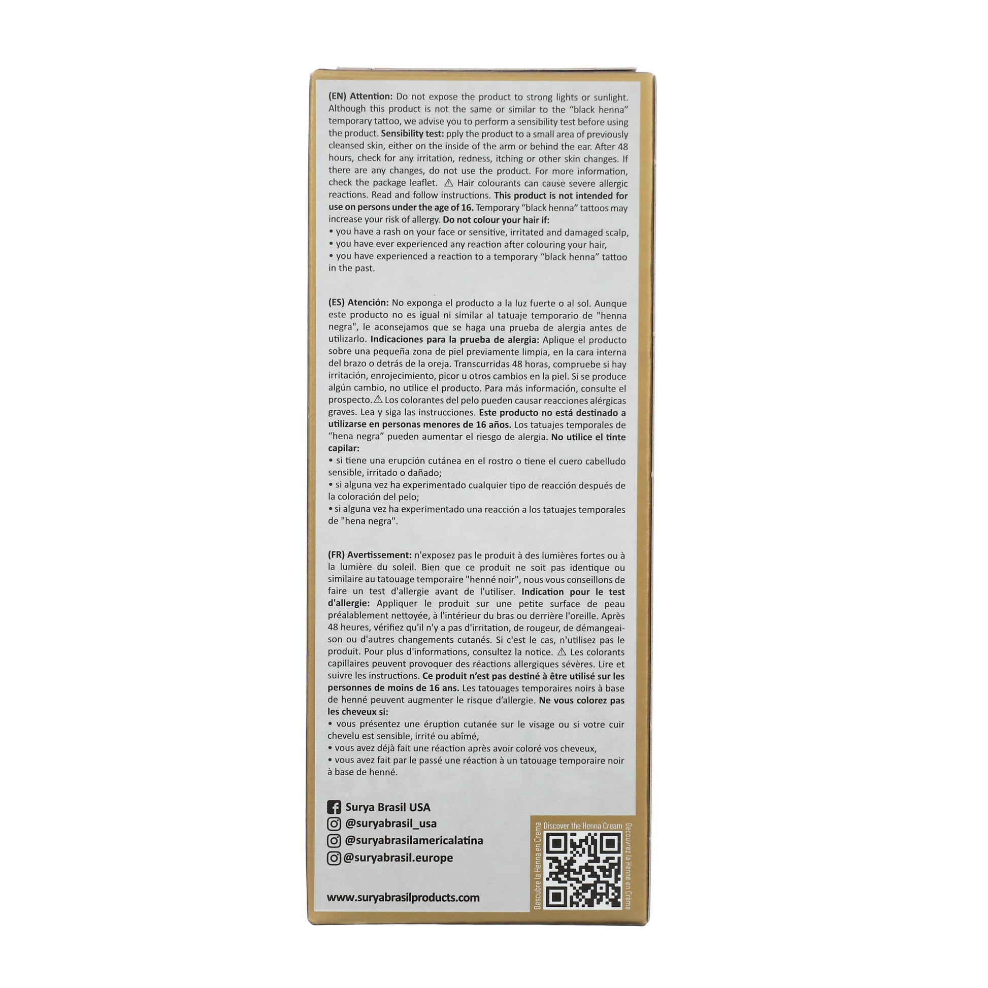 Back of Surya Brasil Henna Cream Red box showing multilingual safety and usage instructions, brand social media handles, QR code, and website for natural, eco-friendly hair color product.
