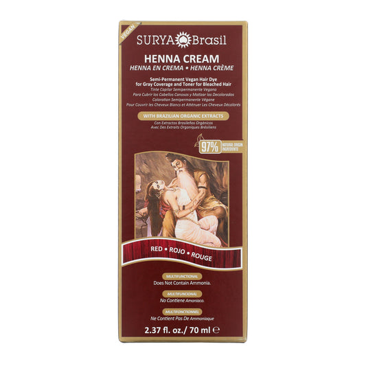 Surya Brasil Henna Cream Red box, showcasing semi-permanent, vegan hair dye with 97% natural ingredients, marketed for gray coverage and bleached hair toning, 2.37 fl oz.