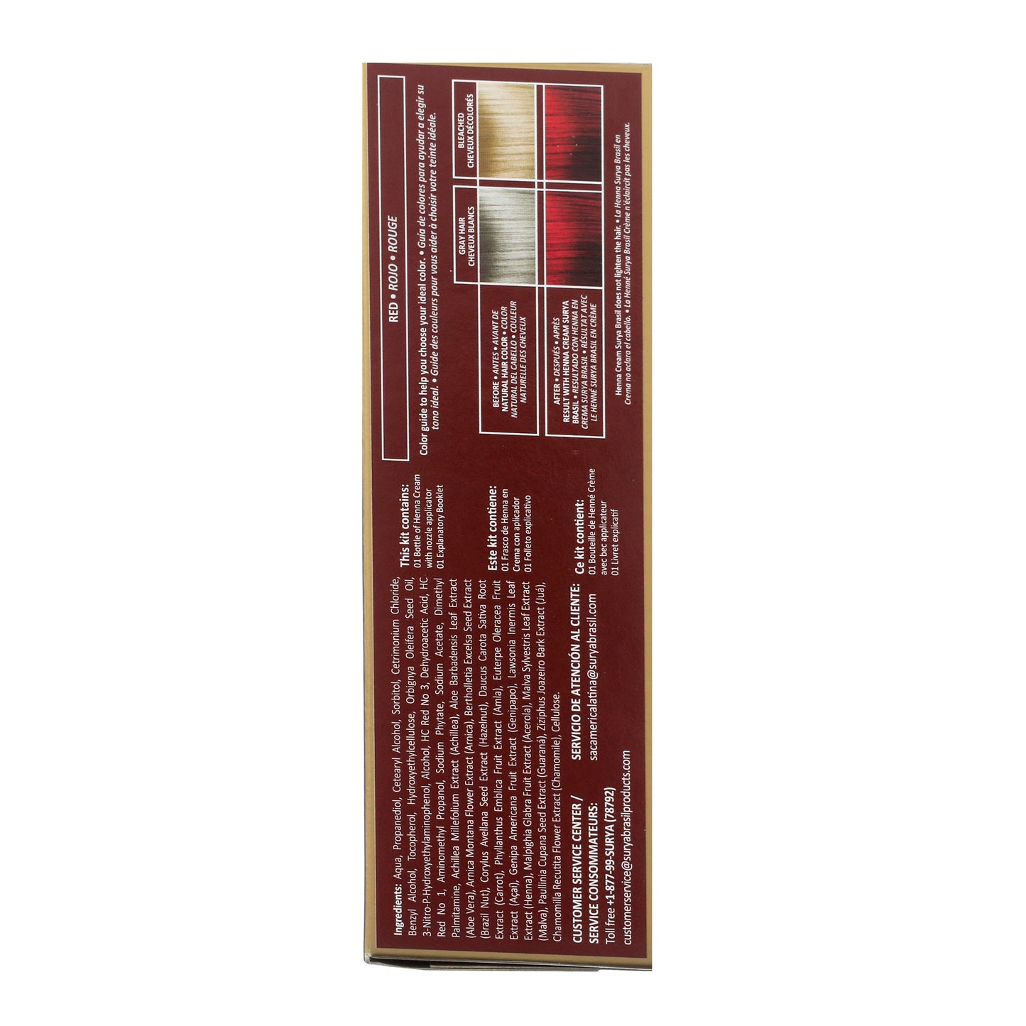 Henna Cream Red hair-color kit back panel with color guide, kit contents list, ingredients, and customer service details, emphasizing natural ingredients and eco-friendly features.