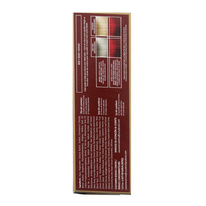 Henna Cream Red hair-color kit back panel with color guide, kit contents list, ingredients, and customer service details, emphasizing natural ingredients and eco-friendly features.