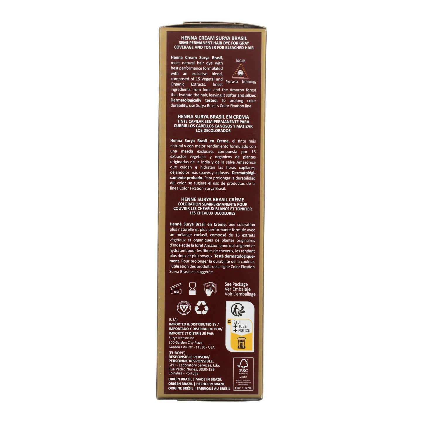 Back panel of Surya Brasil Henna Cream Red box, showcasing multilingual product descriptions, eco-friendly certifications, and natural ingredient highlights for semi-permanent hair nourishment and color.