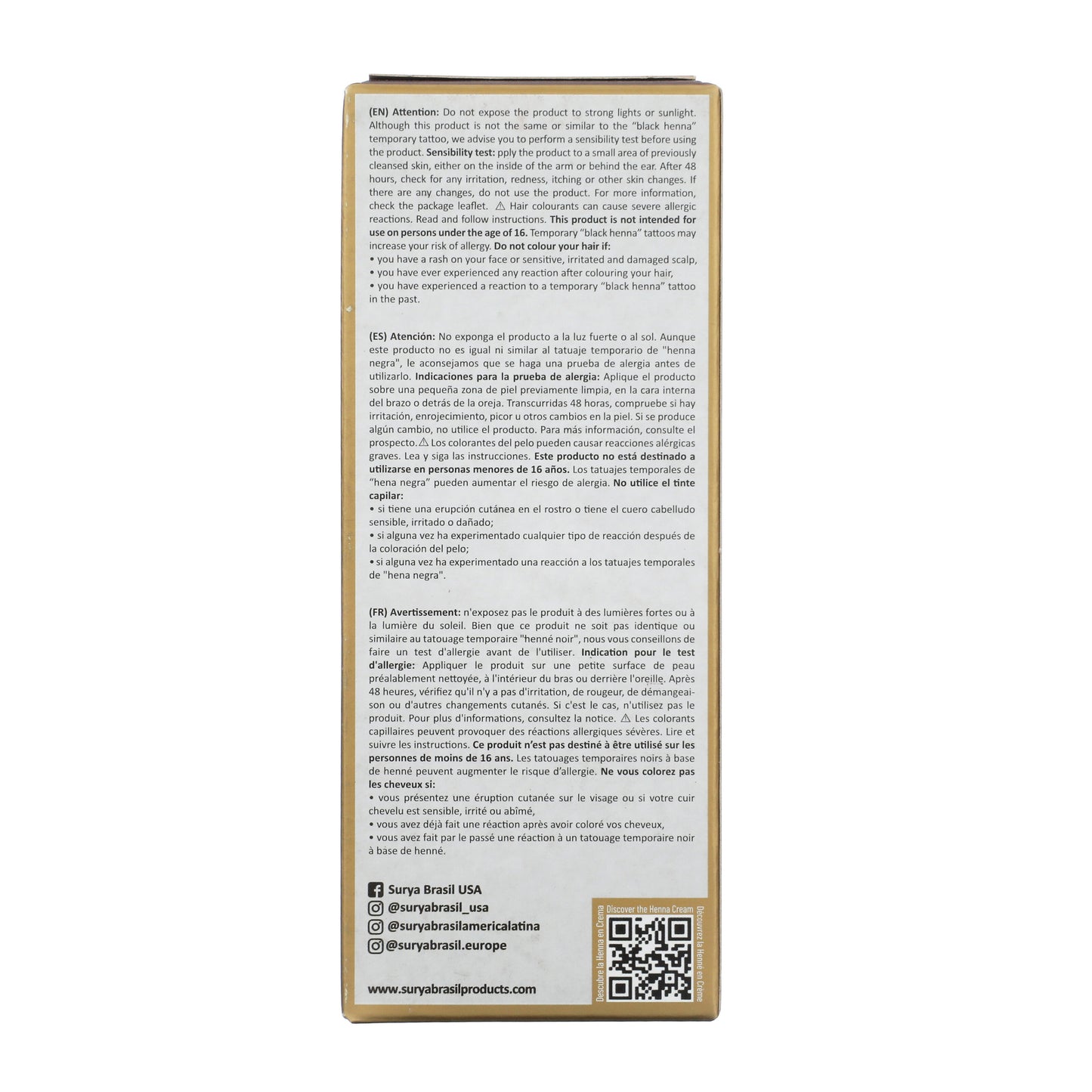 Henna Cream Reddish Dark Blonde box back panel displays safety warnings, Surya Brasil branding, social media handles, website, QR code, and product details emphasizing natural ingredients and eco-conscious beauty.
