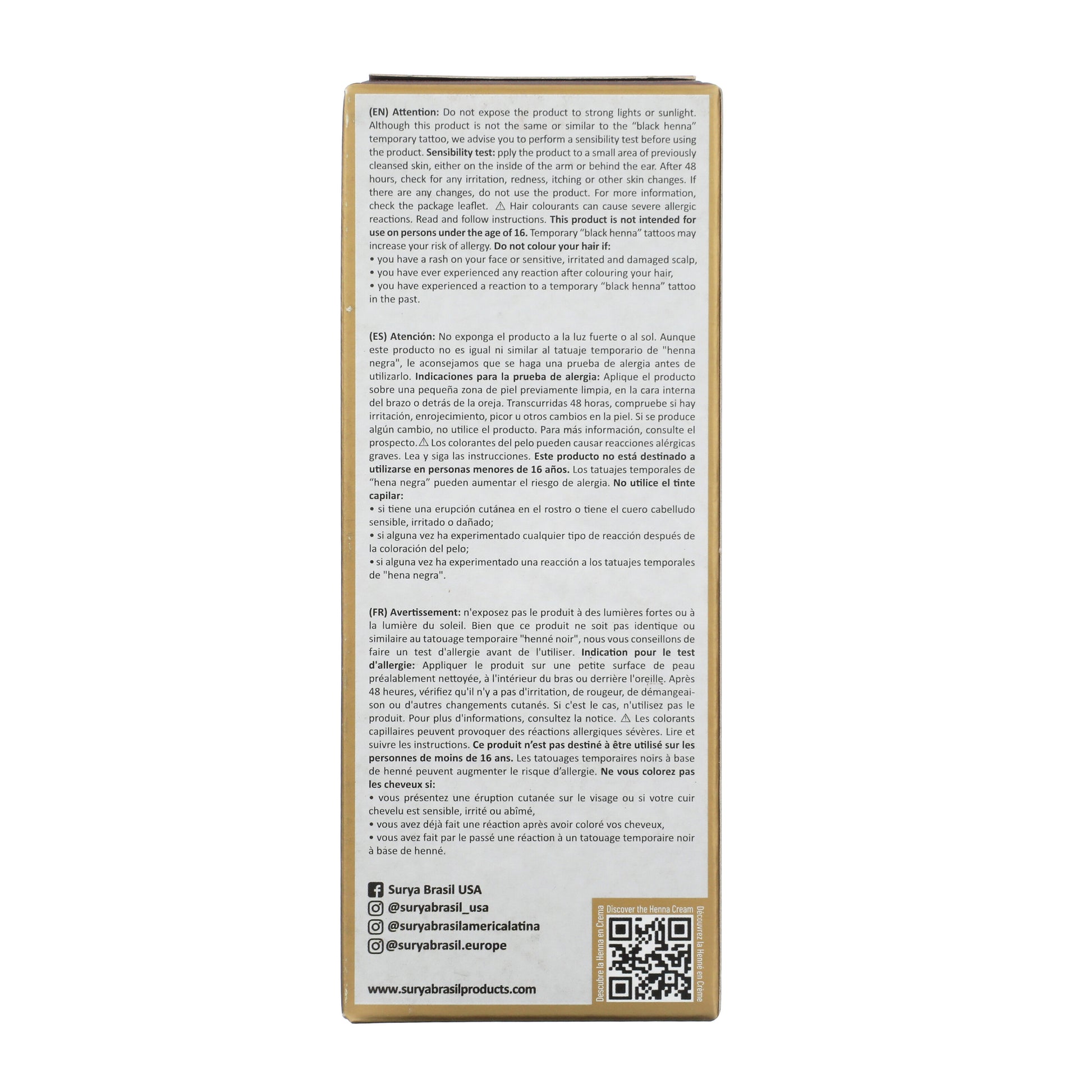Henna Cream Reddish Dark Blonde box back panel displays safety warnings, Surya Brasil branding, social media handles, website, QR code, and product details emphasizing natural ingredients and eco-conscious beauty.