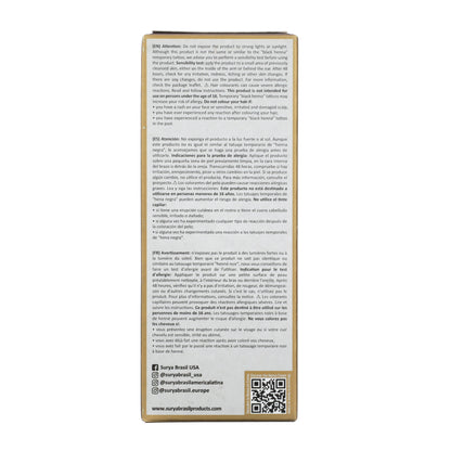 Henna Cream Reddish Dark Blonde box back panel displays safety warnings, Surya Brasil branding, social media handles, website, QR code, and product details emphasizing natural ingredients and eco-conscious beauty.