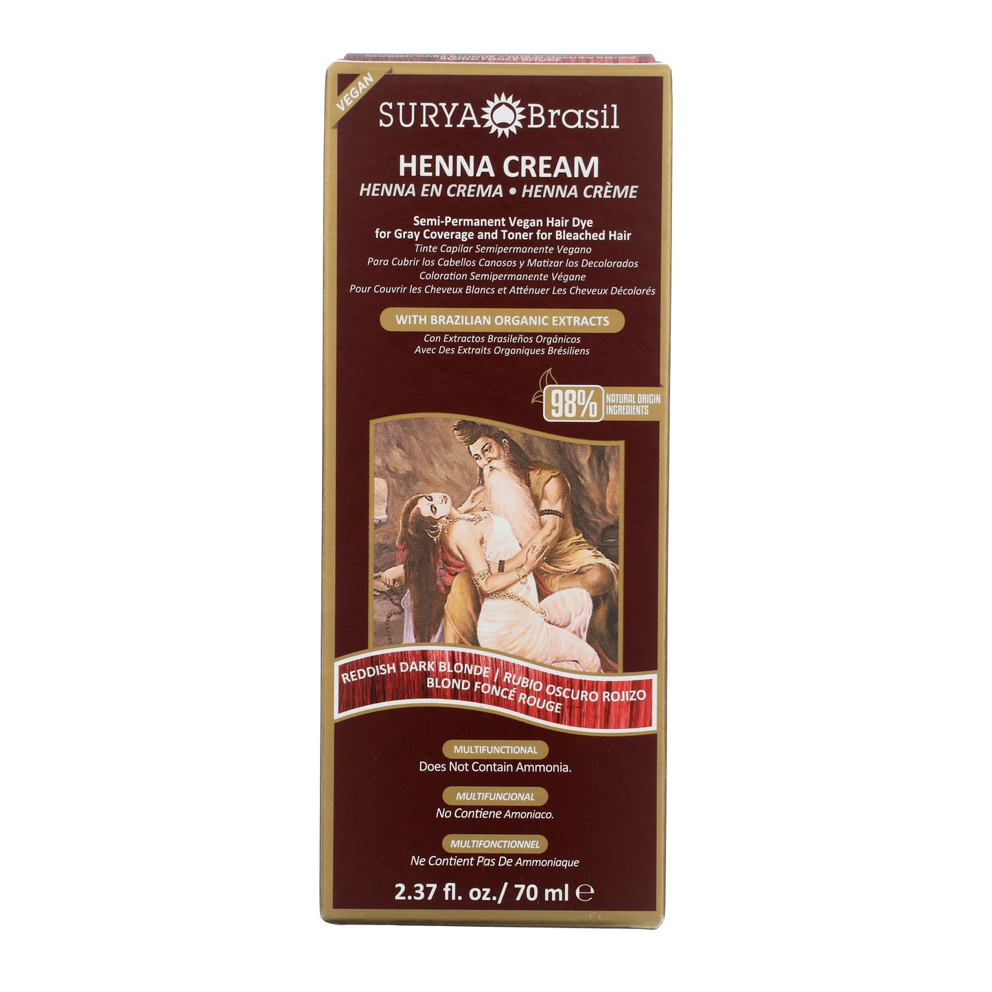 Surya Brasil Henna Cream Reddish Dark Blonde box; vegan, ammonia-free, with natural ingredients for gray coverage and toning. Includes Brazilian organic extracts and Indian art illustration.