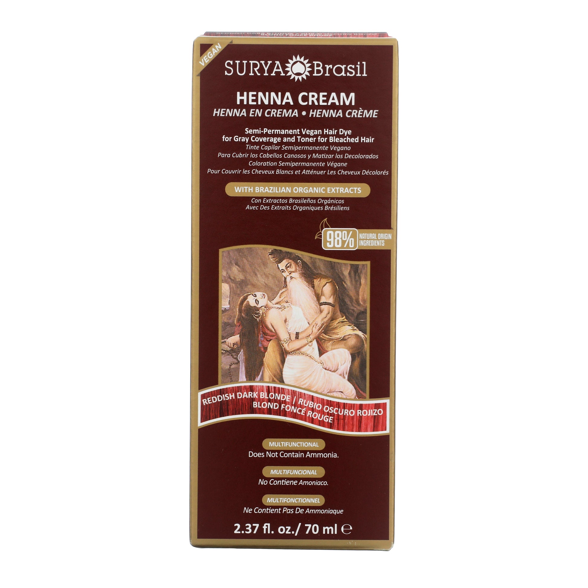 Surya Brasil Henna Cream Reddish Dark Blonde box; vegan, ammonia-free, with natural ingredients for gray coverage and toning. Includes Brazilian organic extracts and Indian art illustration.