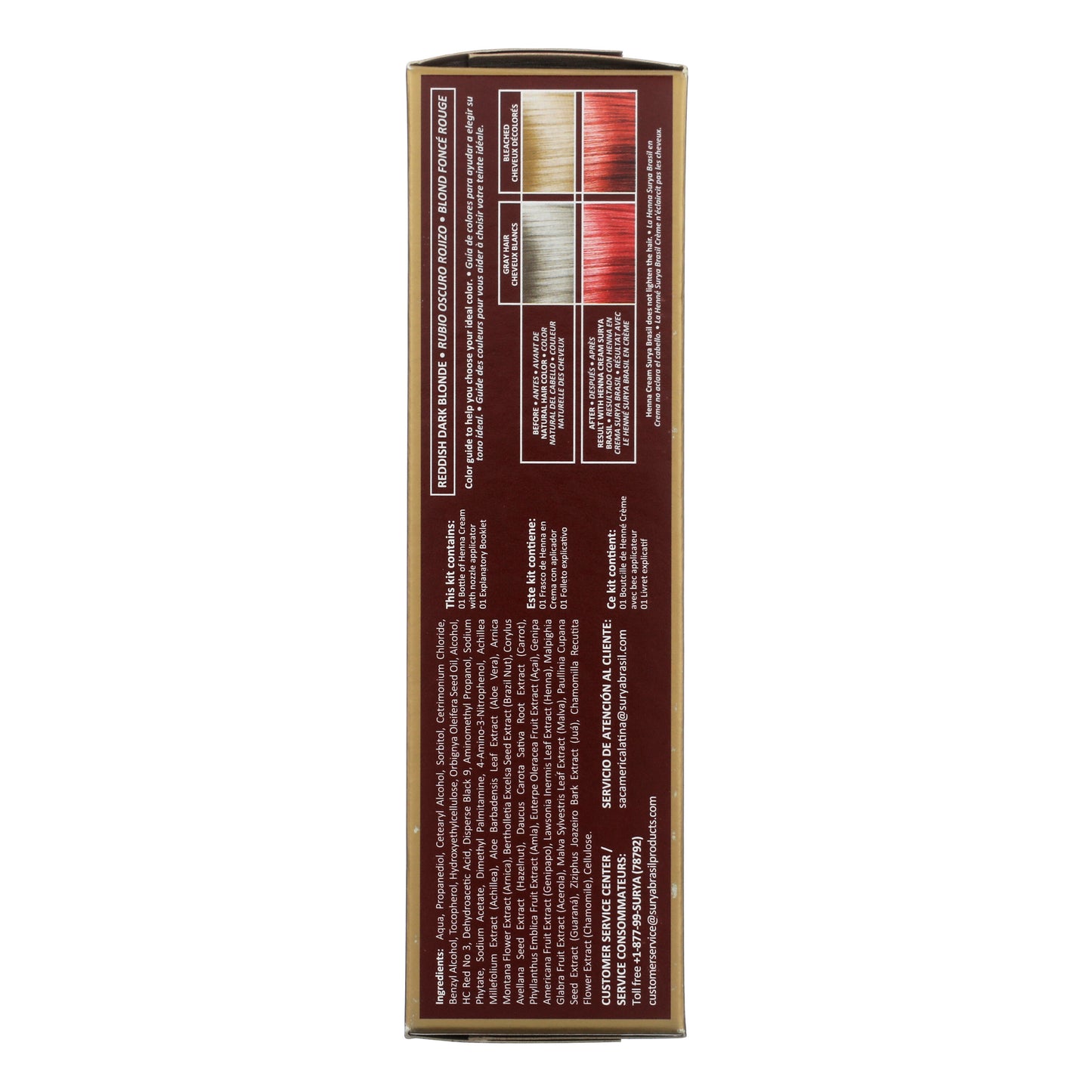 Henna Cream Reddish Dark Blonde box back with shade name, color swatches, kit contents list, ingredients, customer service info, and product description emphasizing natural, eco-friendly hair color.