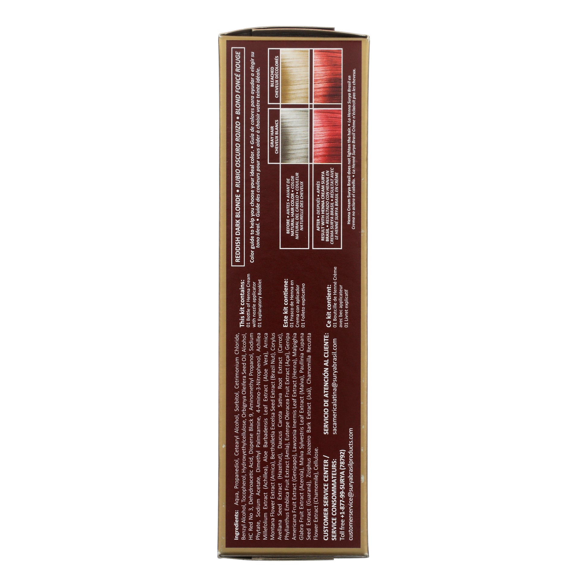 Henna Cream Reddish Dark Blonde box back with shade name, color swatches, kit contents list, ingredients, customer service info, and product description emphasizing natural, eco-friendly hair color.