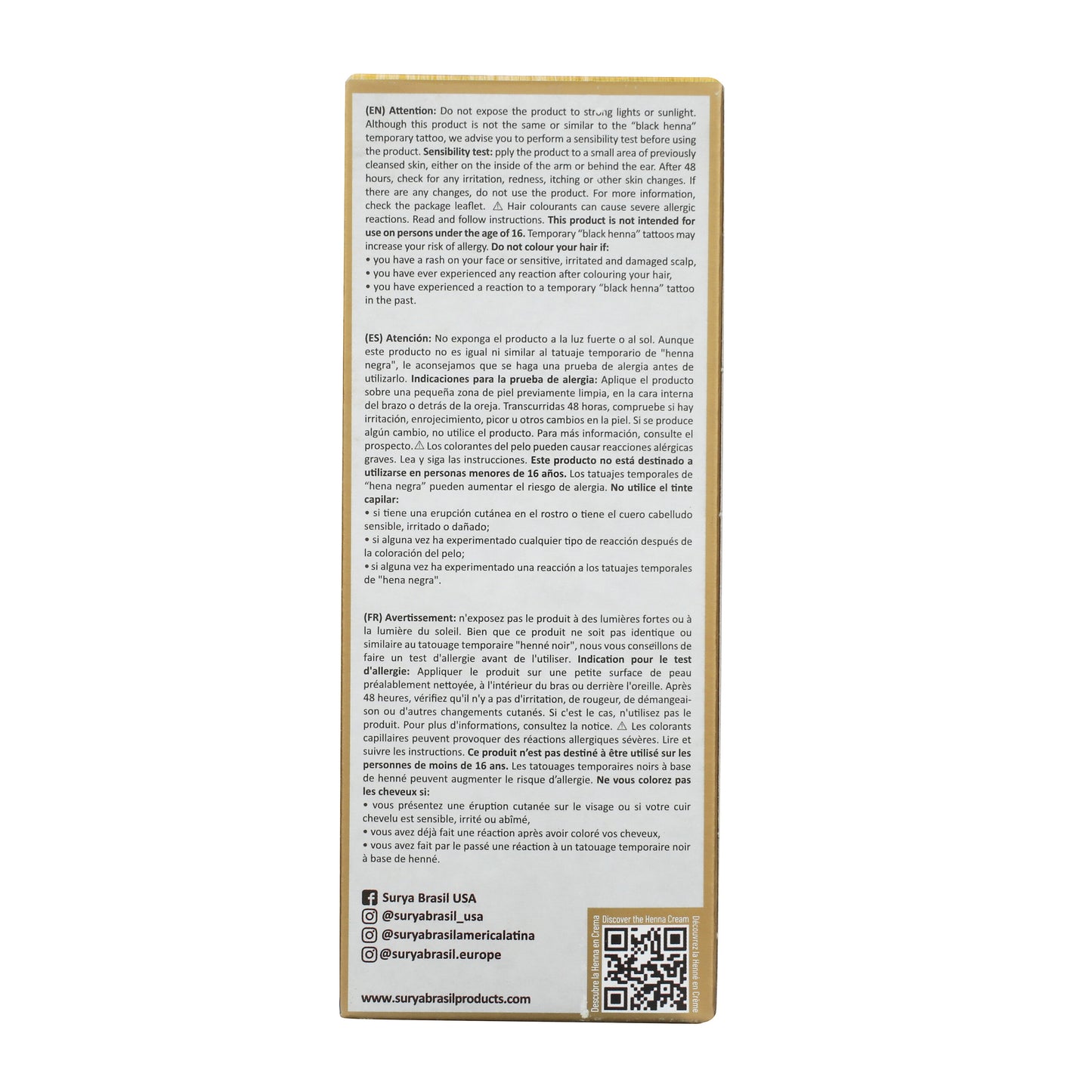 Surya Brasil Henna Cream Swedish Blonde box back, showing safety warnings, skin test instructions, and QR code with natural hair color and nourishment details.
