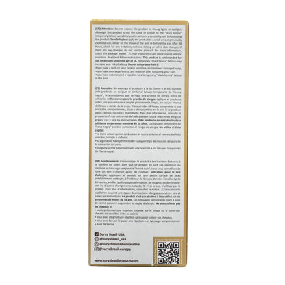 Surya Brasil Henna Cream Swedish Blonde box back, showing safety warnings, skin test instructions, and QR code with natural hair color and nourishment details.