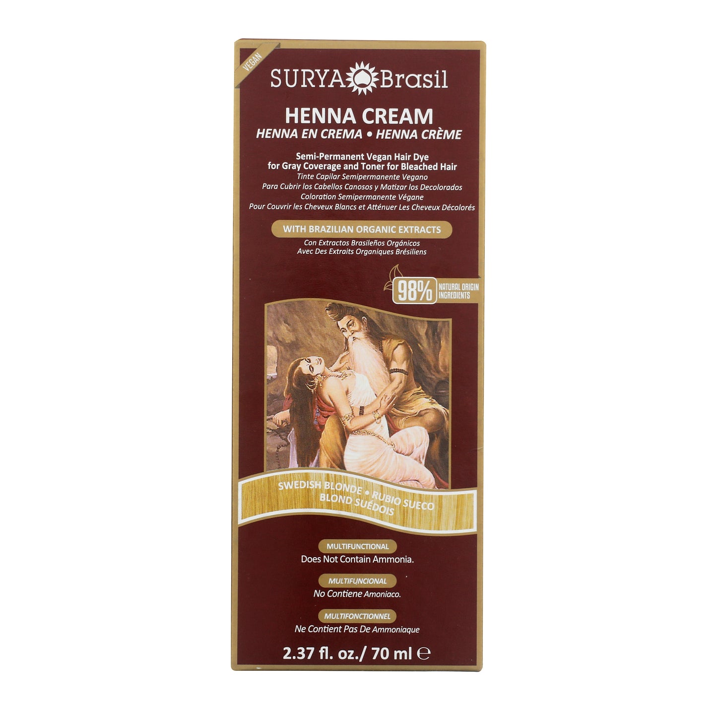 Surya Brasil Henna Cream Swedish Blonde box, a vegan, semi-permanent hair dye with 98% natural ingredients, designed for gray coverage and toning bleached hair.