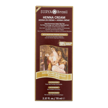 Surya Brasil Henna Cream Swedish Blonde box, a vegan, semi-permanent hair dye with 98% natural ingredients, designed for gray coverage and toning bleached hair.