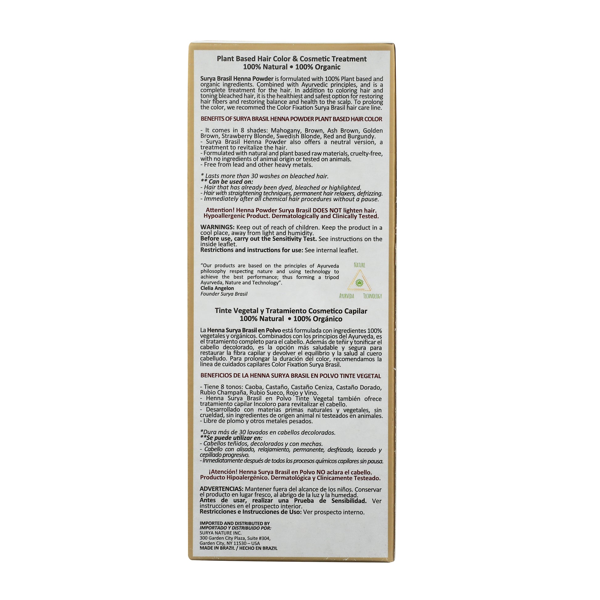 Back of Surya Brasil Henna Powder Ash Brown box, detailing organic, cruelty-free benefits, usage instructions, and plant-based ingredients in English and Spanish.