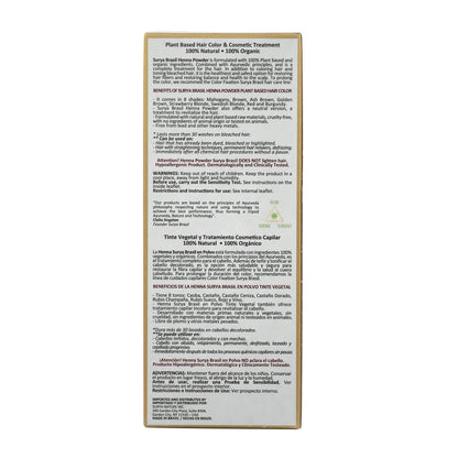Back of Surya Brasil Henna Powder Ash Brown box, detailing organic, cruelty-free benefits, usage instructions, and plant-based ingredients in English and Spanish.
