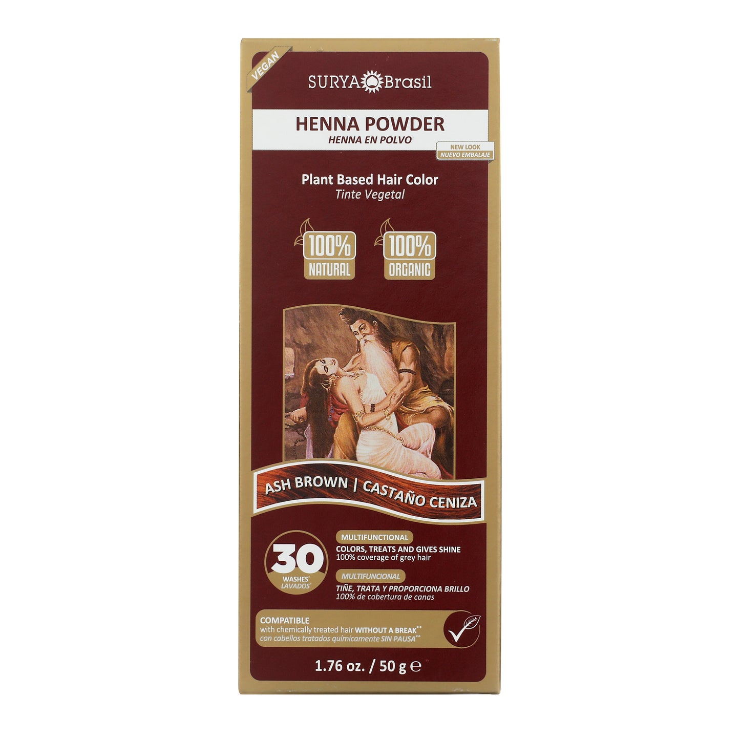 Surya Brasil Henna Powder Ash Brown box displaying plant-based, vegan hair color benefits, including gray coverage, shine, conditioning, and compatibility with chemically treated hair.