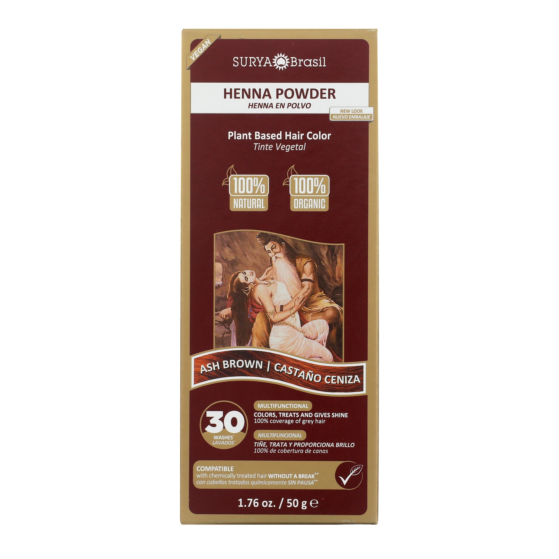 Surya Brasil Henna Powder Ash Brown box displaying plant-based, vegan hair color benefits, including gray coverage, shine, conditioning, and compatibility with chemically treated hair.