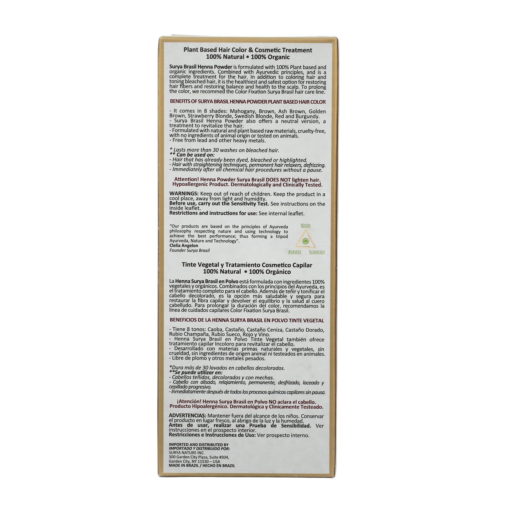 Surya Brasil Henna Powder Brown box back panel highlighting 100% natural, plant-based hair color benefits, usage instructions, ingredients, and distributor details. Made in Brazil.