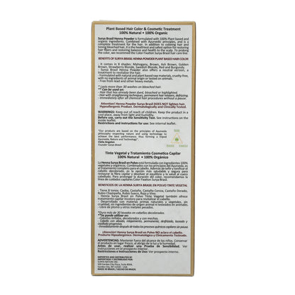 Surya Brasil Henna Powder Brown box back panel highlighting 100% natural, plant-based hair color benefits, usage instructions, ingredients, and distributor details. Made in Brazil.
