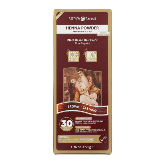Surya Brasil Henna Powder Brown retail box, 50 g, offers natural, plant-based hair dye for gray coverage, conditioning, and shine, suitable for all hair types.