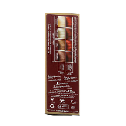 Surya Brasil Henna Powder Brown kit box features a color guide, contents list, customer service info, and certification icons, emphasizing its 100% natural, plant-based formula.