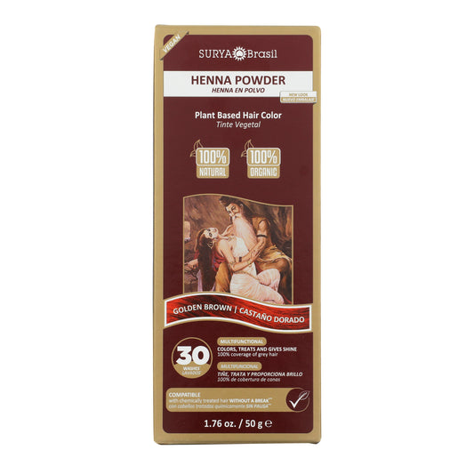 Surya Brasil Henna Powder Golden Brown retail box, highlights 100% natural, vegan hair color, provides grey coverage, conditions hair, compatible with chemically treated hair, 1.76 oz.