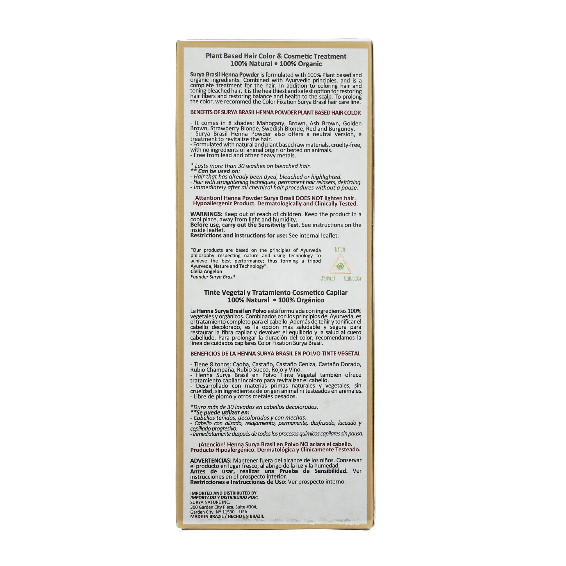 Surya Brasil Henna Powder Mahogany box back, detailing natural ingredients, benefits, and usage instructions for plant-based hair color and treatment. Made in Brazil.