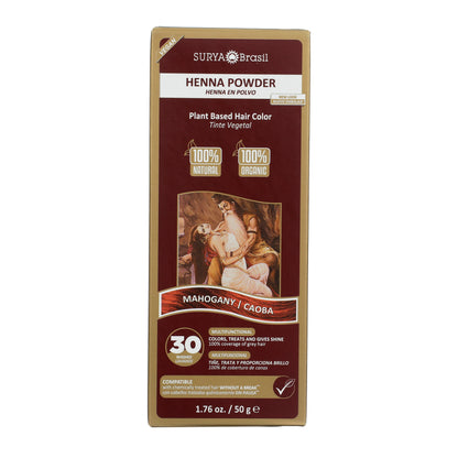 Surya Brasil Henna Powder Mahogany box, vegan plant-based hair color, 1.76 oz, promises gray coverage, natural shine, and nourishment, featuring traditional artwork.