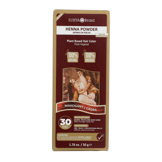 Surya Brasil Henna Powder Mahogany box, vegan plant-based hair color, 1.76 oz, promises gray coverage, natural shine, and nourishment, featuring traditional artwork.