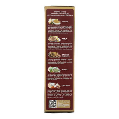 Henna Powder Mahogany box's back panel lists natural ingredients like henna, amla, and indigo, highlighting their hair benefits. Includes QR code for more info.