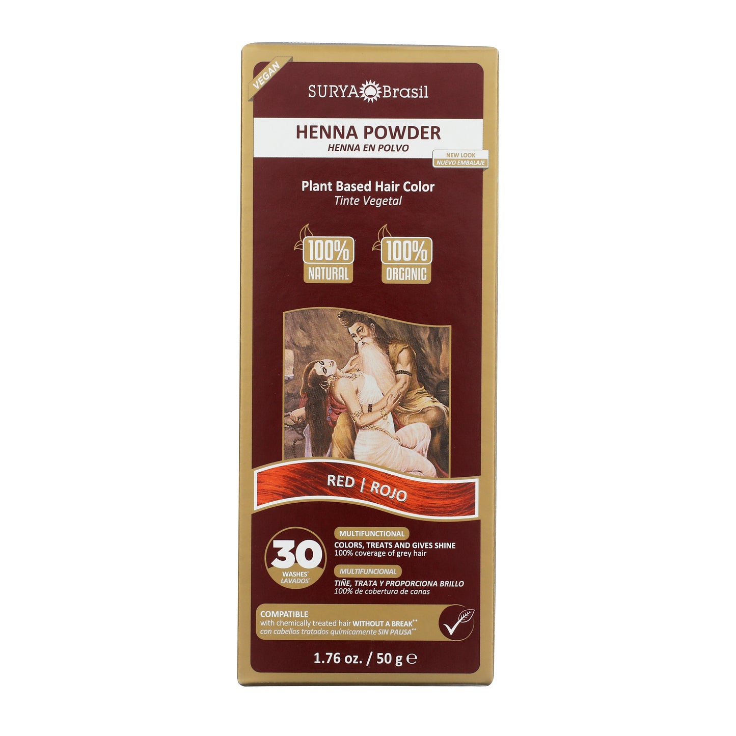 Surya Brasil Henna Powder Red, plant-based hair dye, offers 100% natural, vegan color, and grey coverage for up to 30 washes, featuring mythological couple illustration.
