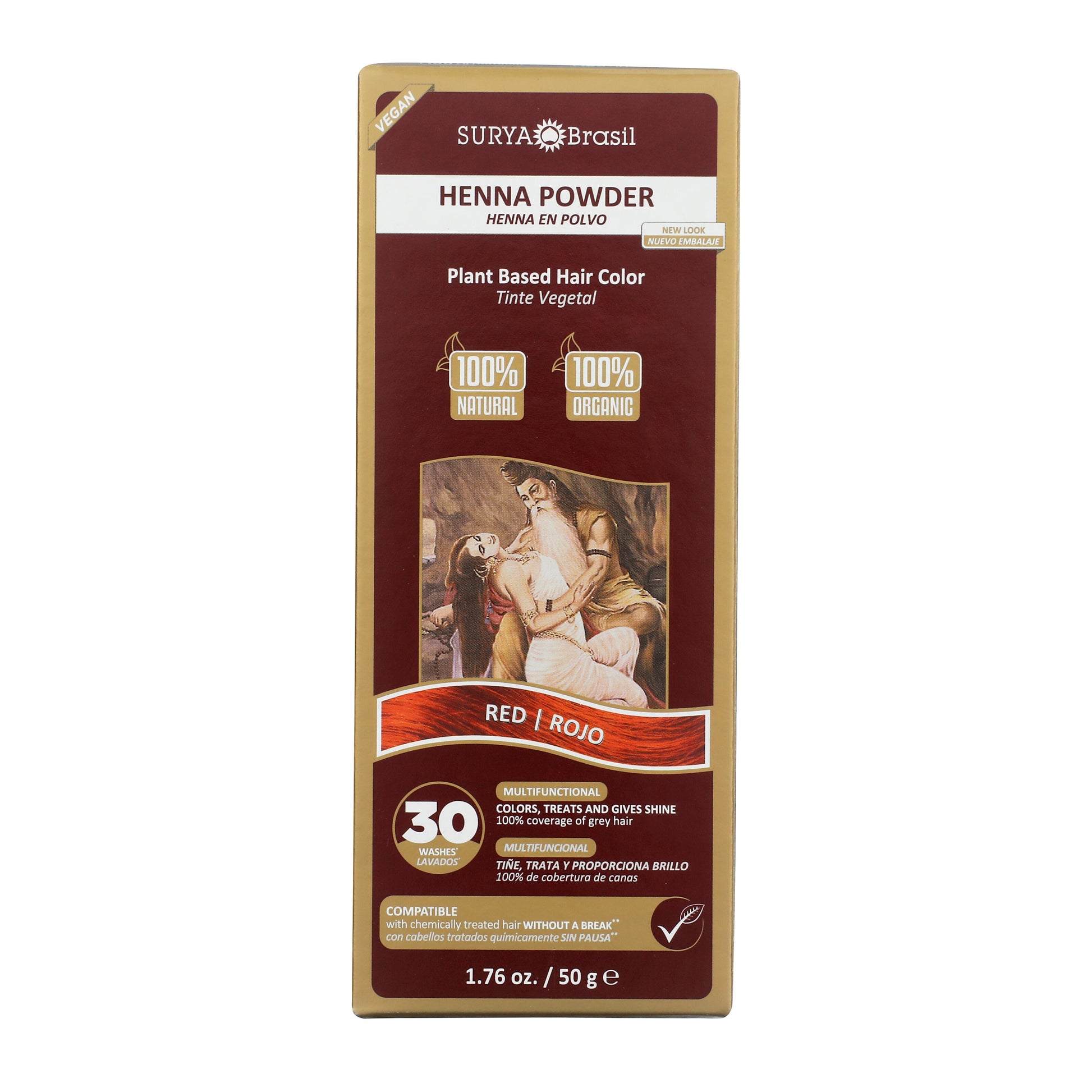 Surya Brasil Henna Powder Red, plant-based hair dye, offers 100% natural, vegan color, and grey coverage for up to 30 washes, featuring mythological couple illustration.