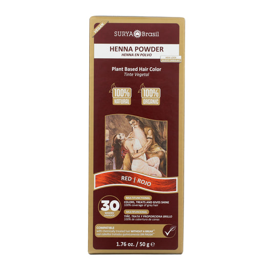 Surya Brasil Henna Powder Red, plant-based hair dye, offers 100% natural, vegan color, and grey coverage for up to 30 washes, featuring mythological couple illustration.