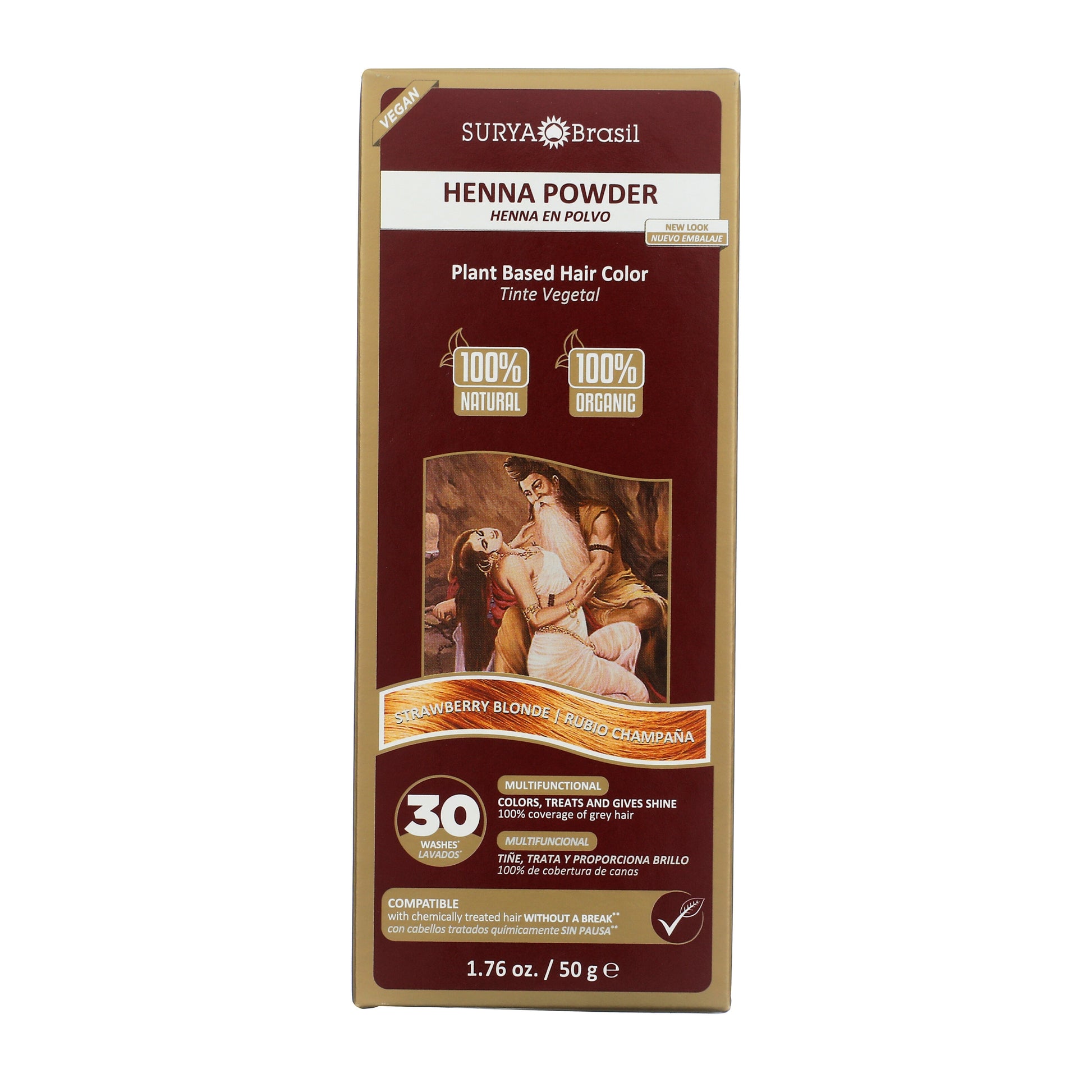 Surya Brasil Henna Powder Strawberry Blonde box, 100% natural, plant-based hair color, 1.76 oz, for gray coverage and shine, lasting up to 30 washes.