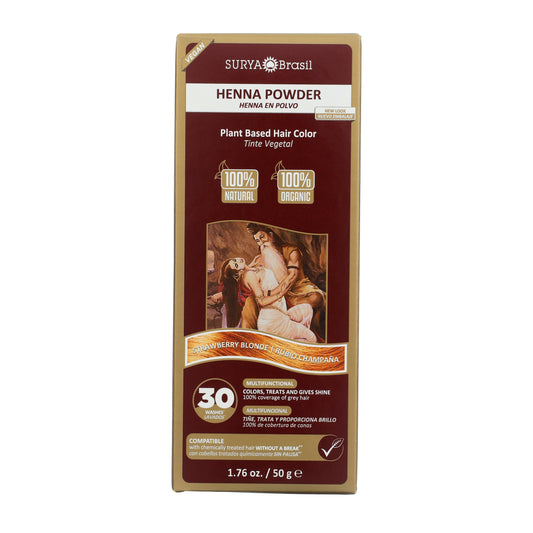 Surya Brasil Henna Powder Strawberry Blonde box, 100% natural, plant-based hair color, 1.76 oz, for gray coverage and shine, lasting up to 30 washes.