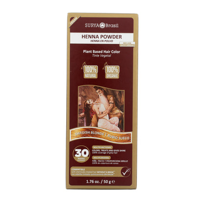 Surya Brasil Henna Powder Swedish Blonde box, featuring plant-based, vegan formula, promises 100% gray coverage, compatible with treated hair, and lasts up to 30 washes.