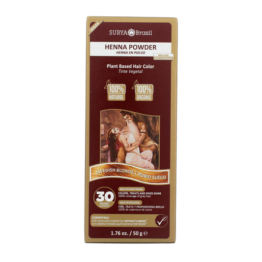 Surya Brasil Henna Powder Swedish Blonde box, featuring plant-based, vegan formula, promises 100% gray coverage, compatible with treated hair, and lasts up to 30 washes.