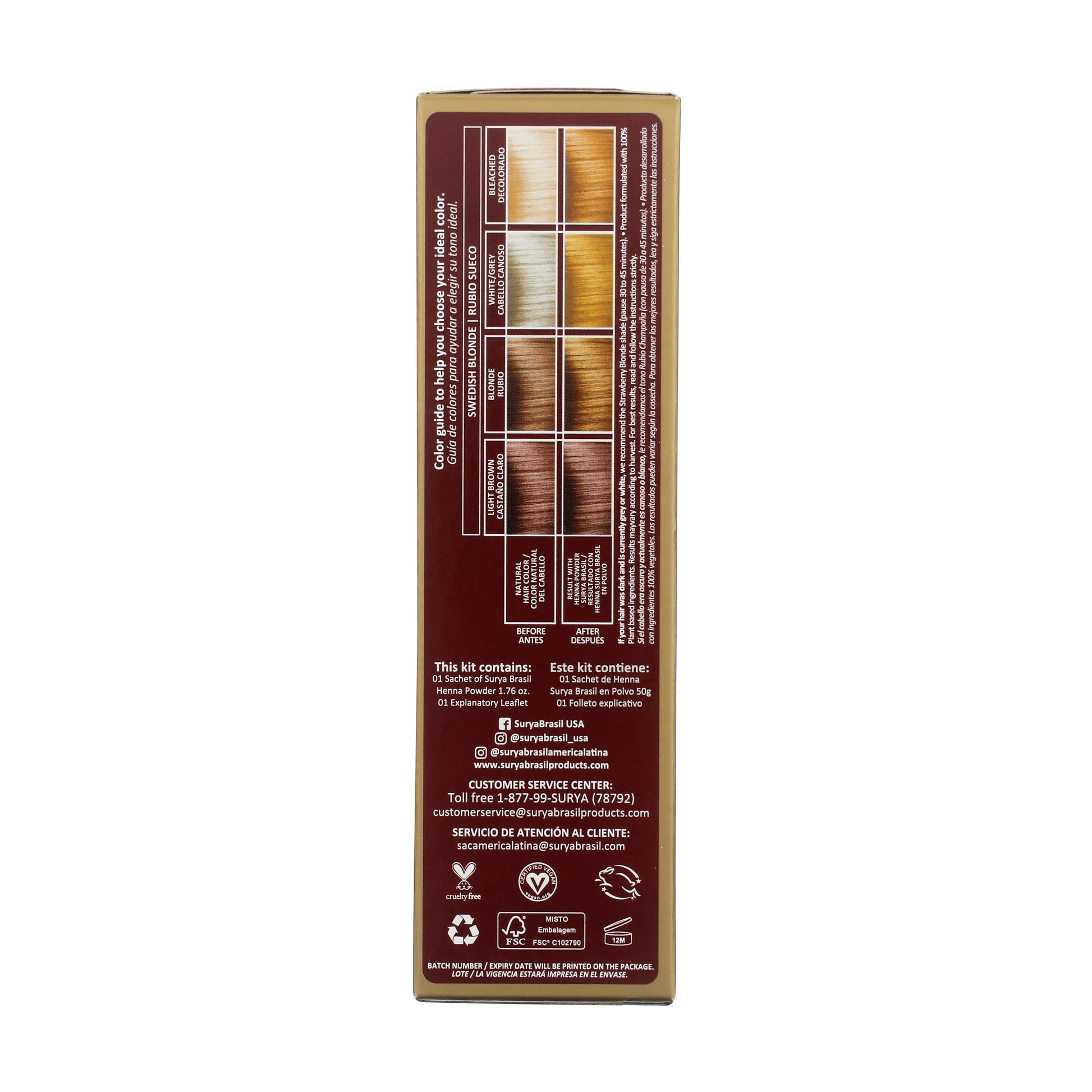 Back of Surya Brasil Henna Powder Swedish Blonde kit box showing color-guide, contents list, brand info, and eco-friendly certifications for natural hair dye.