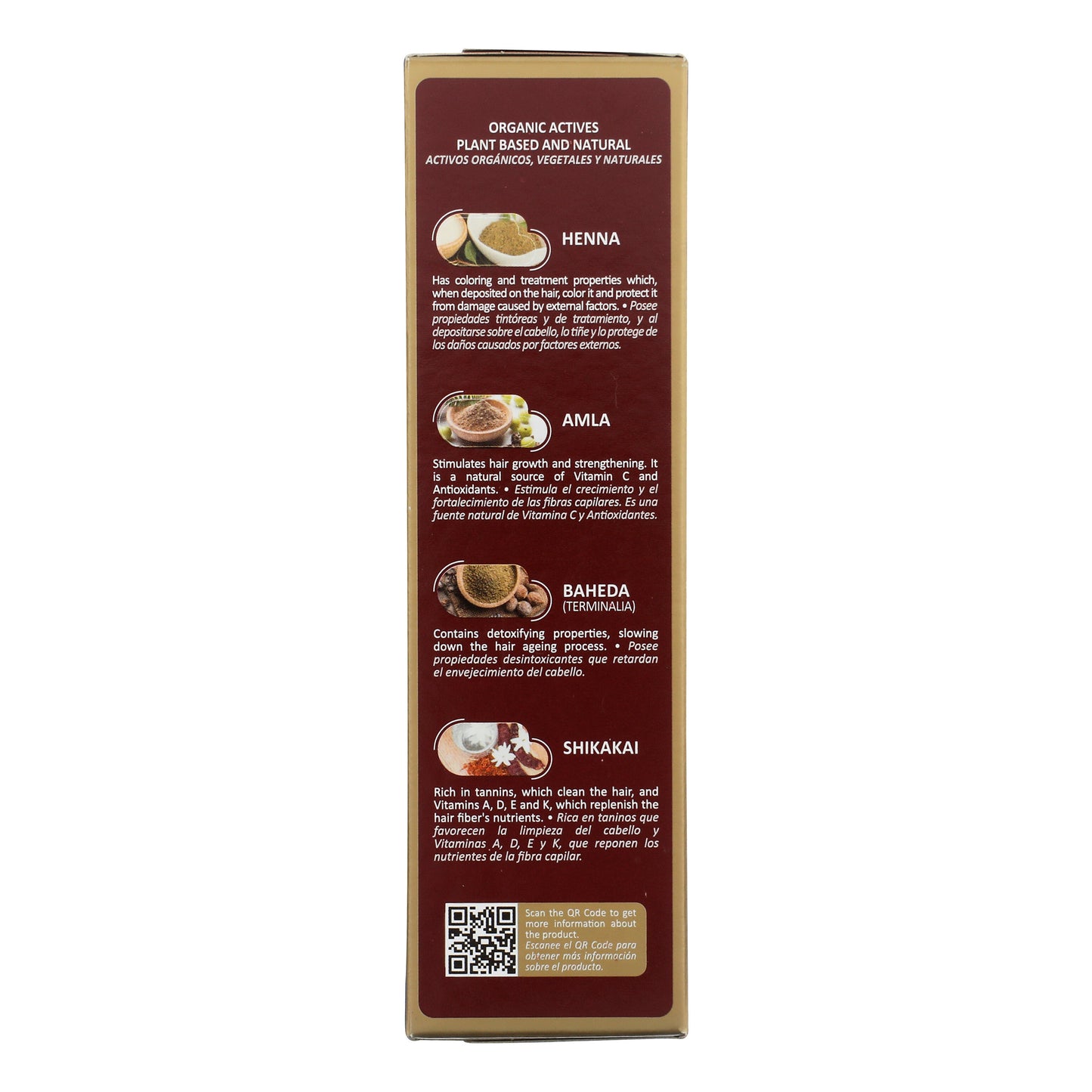 Henna Powder Swedish Blonde box side panel lists plant-based ingredients: Henna, Amla, Baheda, Shikakai. QR code for details. 100% natural, deep hair nourishment.