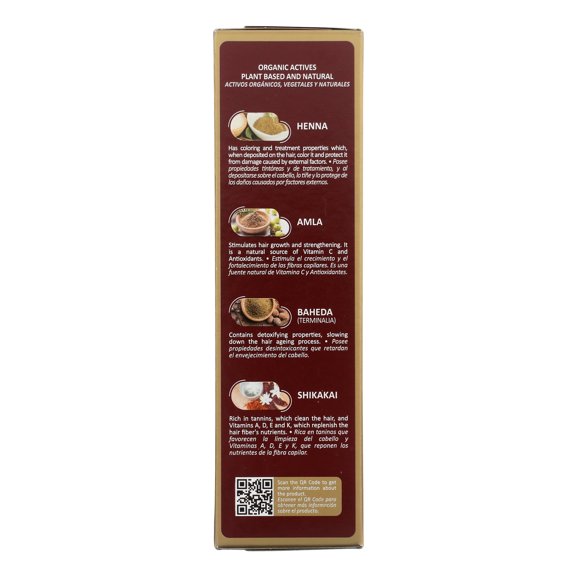 Henna Powder Swedish Blonde box side panel lists plant-based ingredients: Henna, Amla, Baheda, Shikakai. QR code for details. 100% natural, deep hair nourishment.