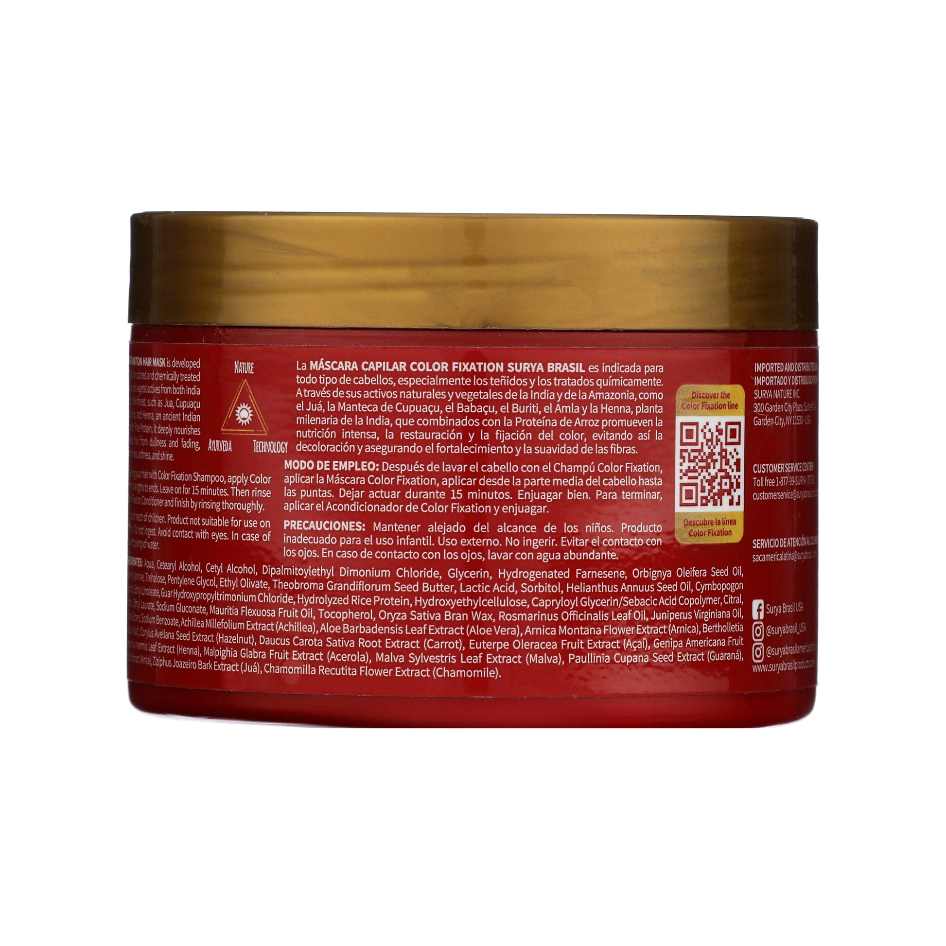 Back label of Surya Brasil Color Fixation Restorative Hair Mask jar, detailing Amazonian and Indian plant extracts, usage instructions, and contact info. QR code included.