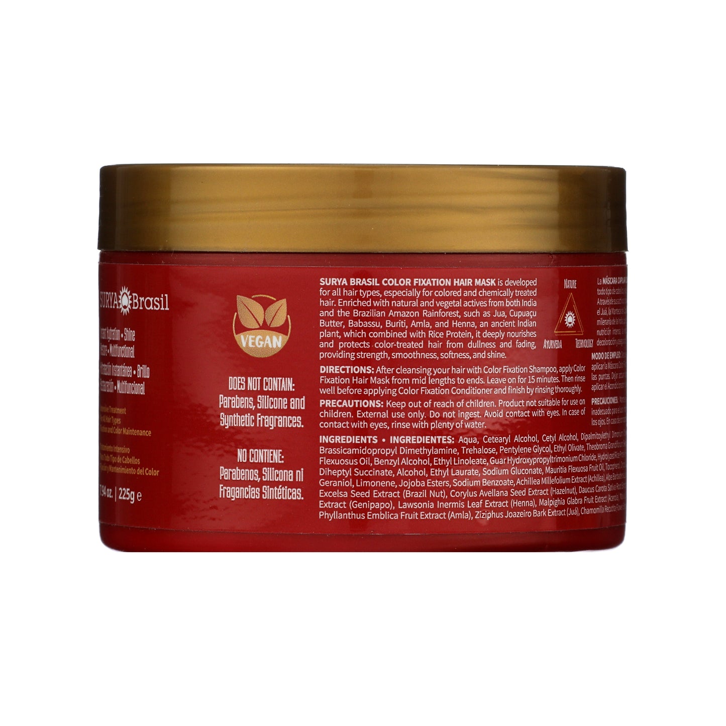Surya Brasil Color Fixation Hair Mask in a red jar with gold lid; vegan, nourishes color-treated hair with natural botanicals, free from parabens and synthetic fragrances.