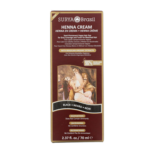 Surya Brasil Henna Cream Black box, showcasing vegan, ammonia-free, semi-permanent hair dye for gray coverage, enriched with Brazilian organic extracts, 70 ml.