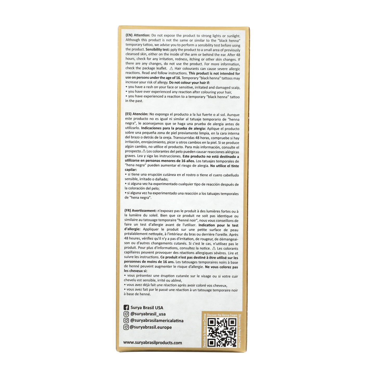 Surya Brasil Henna Cream Burgundy back panel with safety warnings, patch test instructions, QR code, social media handles, website URL, and product benefits in English, Spanish, and French.