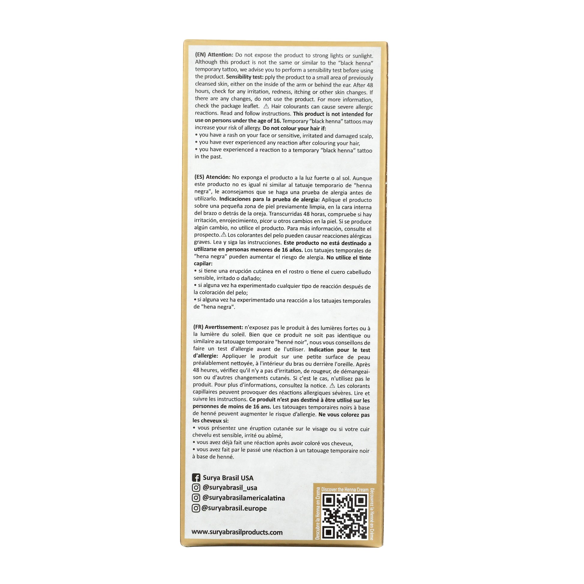 Surya Brasil Henna Cream Burgundy back panel with safety warnings, patch test instructions, QR code, social media handles, website URL, and product benefits in English, Spanish, and French.